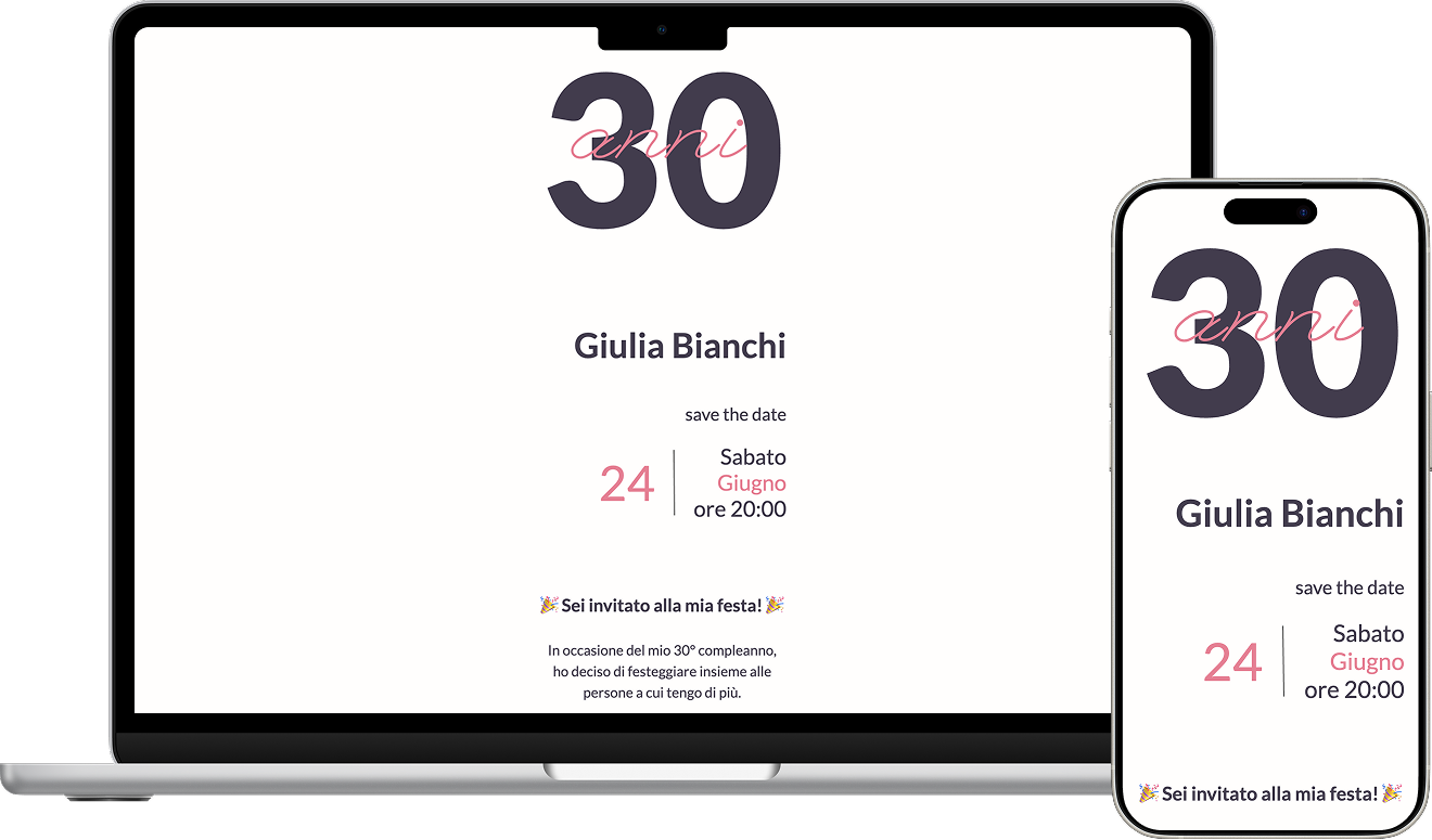 Mockup del sito per festa di compleanno su laptop e smartphone